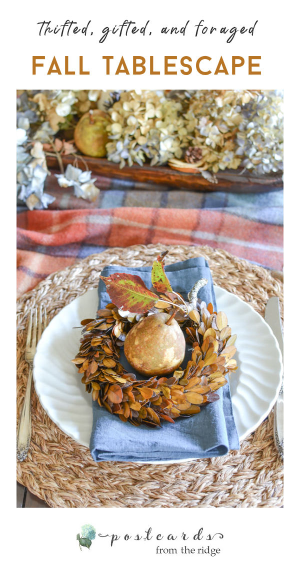 Ideas for creating a fall tablescape with thrifted, gifted, and foraged items. #falltable #falldecor #budgetdecorating #thriftstoredecor