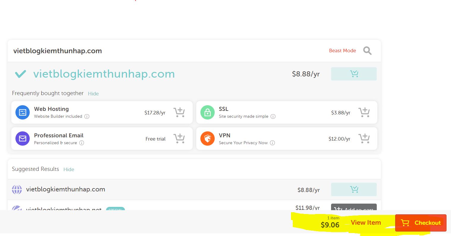 TIến hành Checkout sau khi đã ưng ý tên miền