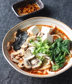 miso udon noodle soup with spicy korean chili dressing