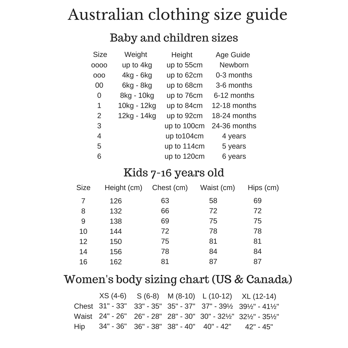 Poncho size chart used in my Etsy store