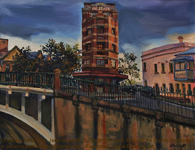 Plein air oil painting of the Hotel Palisade in Millers Point by landscape artist Jane Bennett