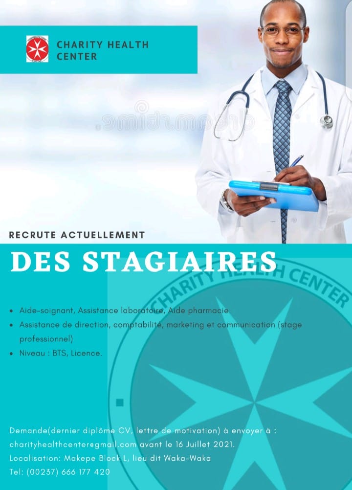 stagiaires%2Bm%25C3%25A9decine Le Centre hospitalier Charity Health Center à Douala Makepe bloc L recrute des stagiaires dans domaines suivants: Aide soignant Assistance laboratoire Aide pharmacie Assistance de direction Comptabilité Communication et marketing