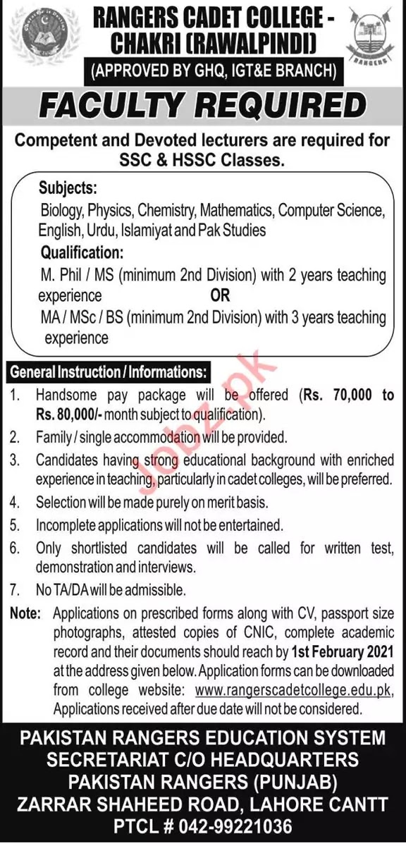 Rangers Cadet College Chakri Rawalpindi Jobs 2021 | Govt Jobs