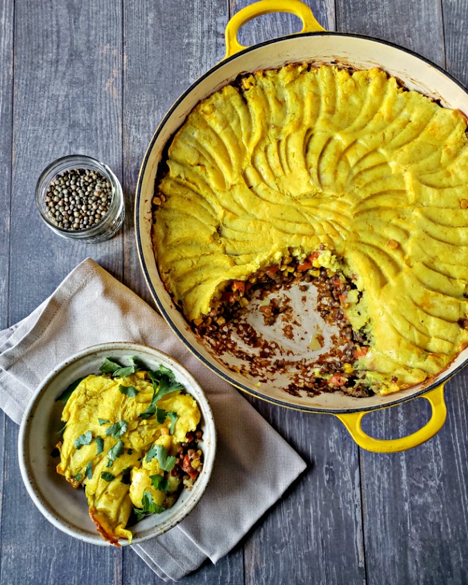 Mango & Tomato Vegan French Lentil & Turmeric Potato Bake