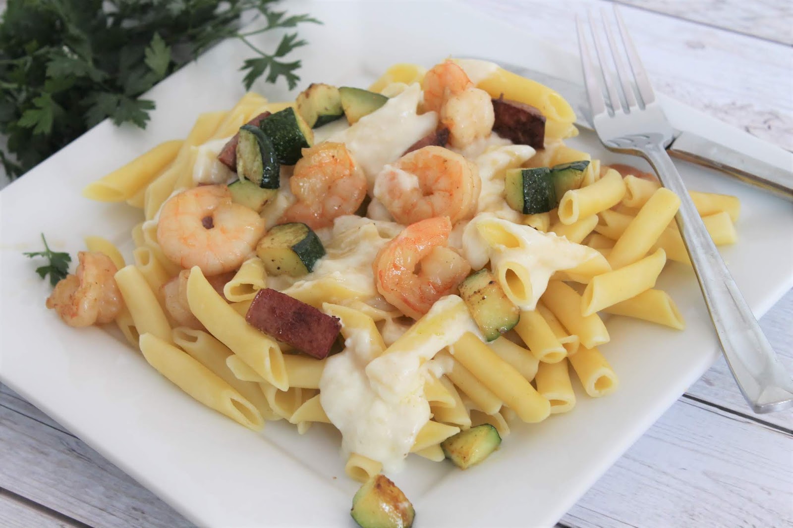 Shrimp & Kielbasa with Alfredo Sauce Sew Simple Home