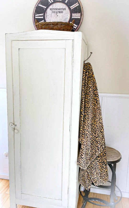 Painted cupboard with leopard throw hanging on the side.