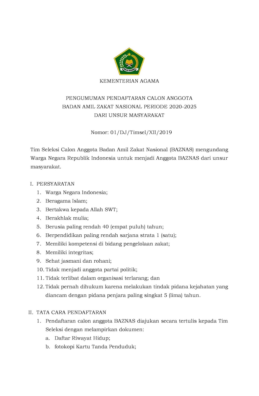 Lowongan Kerja BAZNAS Kementerian Agama Republik Indonesia Tahun