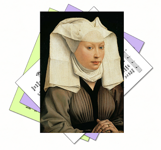 Picture of a medieval woman who has come to represent Julian of Norwich, on hymn sheet music icon