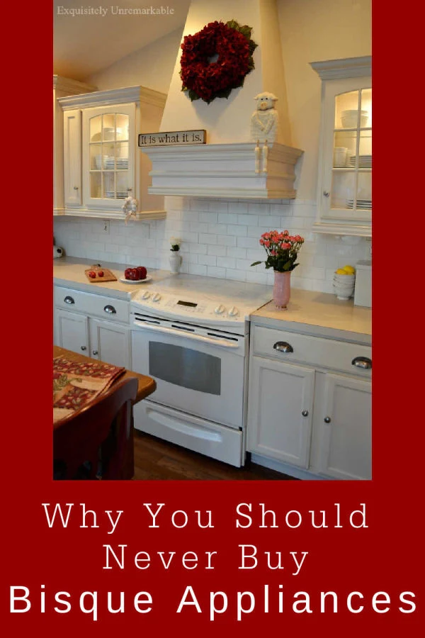 Why You Should Never Buy Bisque Appliances text over bisque kitchen