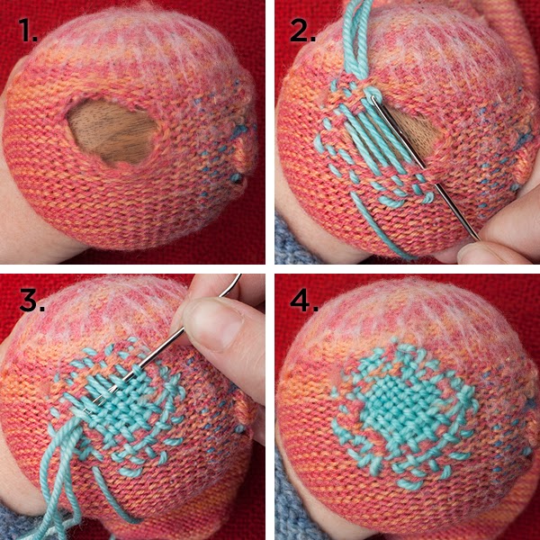 4 images showing the process of darning a pink sock in blue thread, a form of patching knits