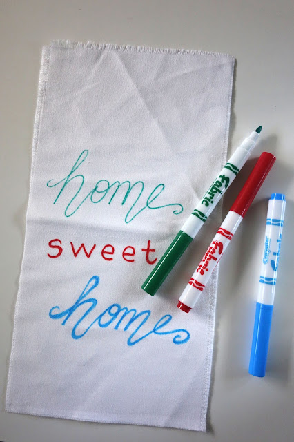 brush lettering, fabric pens, Crayola fabric markers, home sweet home, wall hanging