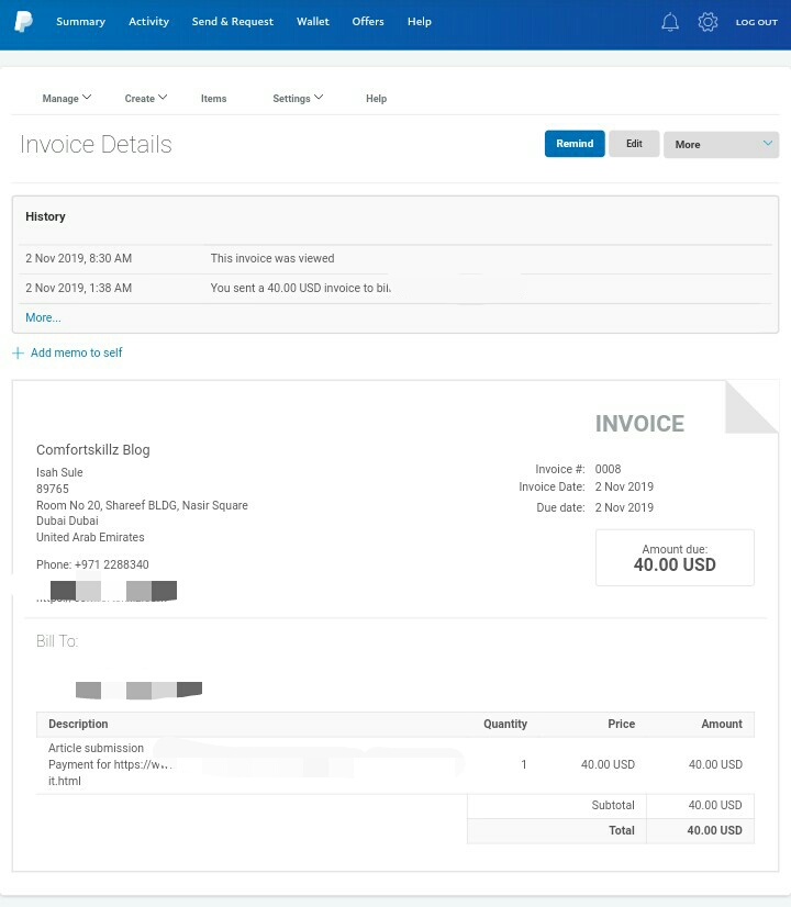 PayPal invoice details