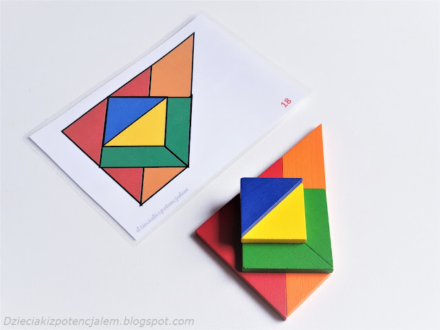 tangram lidl wzory do pobrania blog dzieciaki z potencjałem tangram przestrzenne, na zdjęciu trudny układ klocków ułożonych według wzoru z karty, która leży obok klocków
