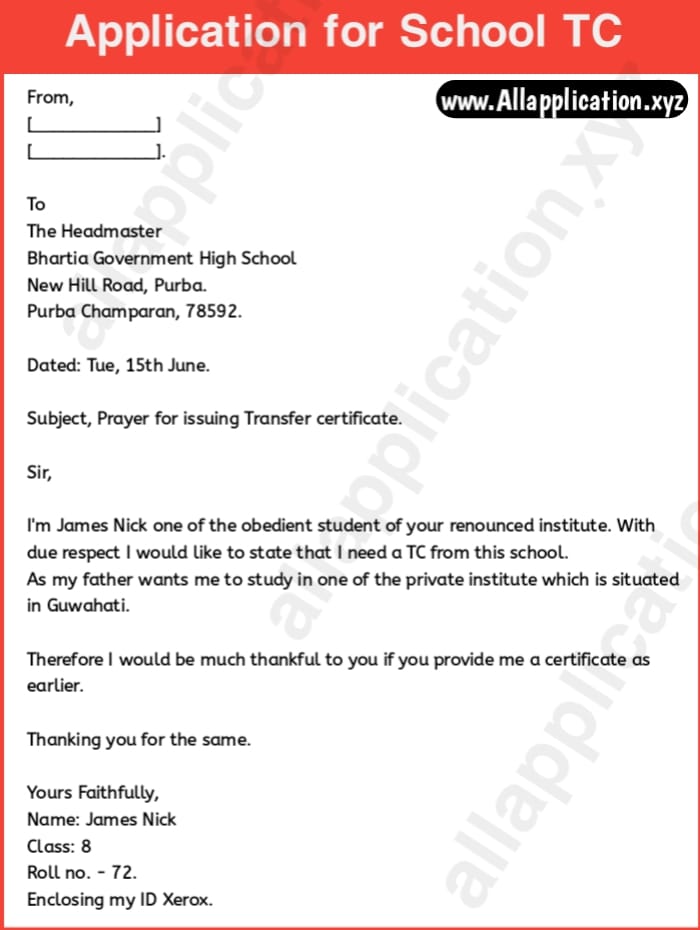 Application For School Transfer Certificate 5 Samples Format 2021 New Tc School Transfer Certificate