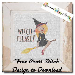 A sassy witch on the broomstick cross stitch design