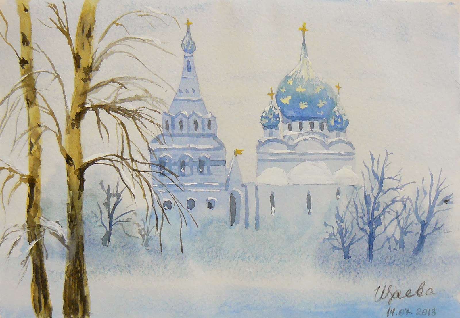 Храмы зимой акварелью