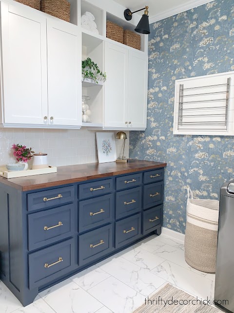 mud room folding counter with wallpaper