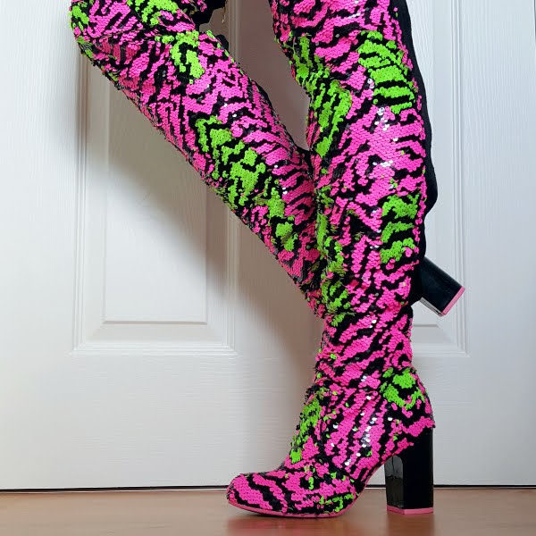 pink and lime green zebra patterned sequin boots