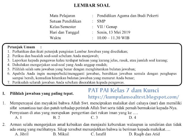 Soal UKK PAT PAI dan BP Kelas 7 Kurikulum 2013 + Kunci Jawaban Soal UKK PAT PAI dan BP Kelas 7 Kurikulum 2013 + Kunci Jawaban