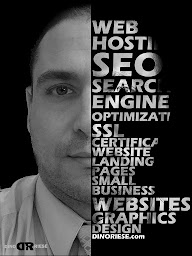 Dino Riese with half of his outline depicted with text such as Web Hosting, SEO, SSL, Landing Pages, Small Business, Websites, Graphics, Design | DinoRiese.com