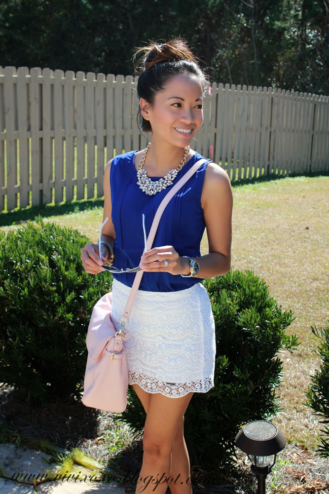 Lace Mini Skirt, Blue Top and Statement Necklace | VIVIXOXO