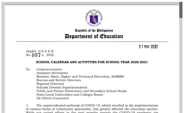 DepEd School Calendar and Activities for SY 2020-2021