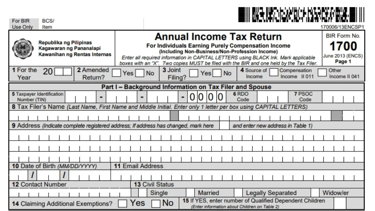 BIR Annual Income Tax Returns Form (1700)