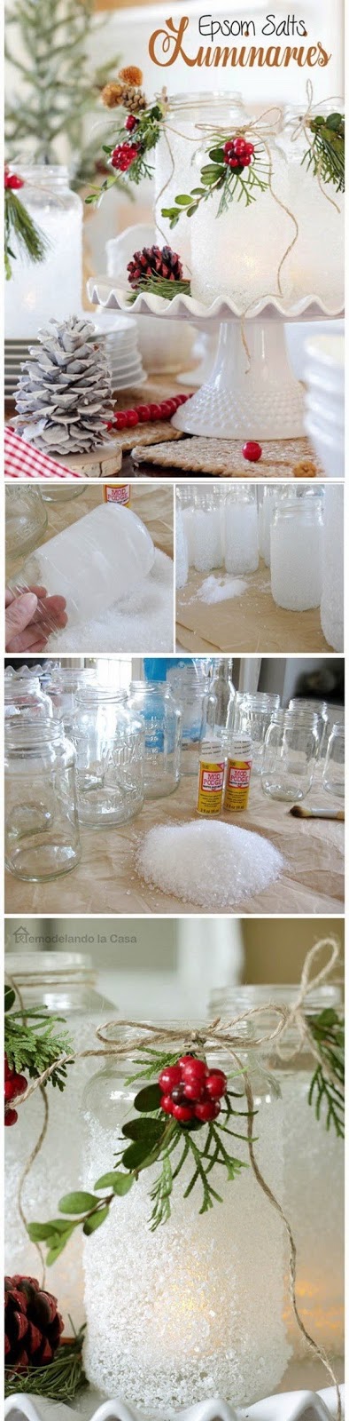 Mason jars covered in epsom salts to create a beautiful Christmas centerpiece