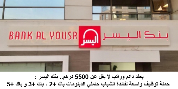 sdfsdfs-01 بعقد دائم وراتب لا يقل عن 5500 درهم.. بنك اليسر : حملة توظيف واسعة لفائدة الشباب حاملي الدبلومات باك +2 ، باك +3 و باك +5.