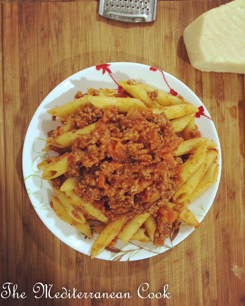 Penne Pasta With Beef Bolognese Sauce The Mediterranean Cook