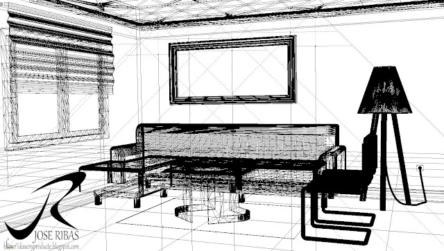 Modelo Alambre 3D Salón para Renderización