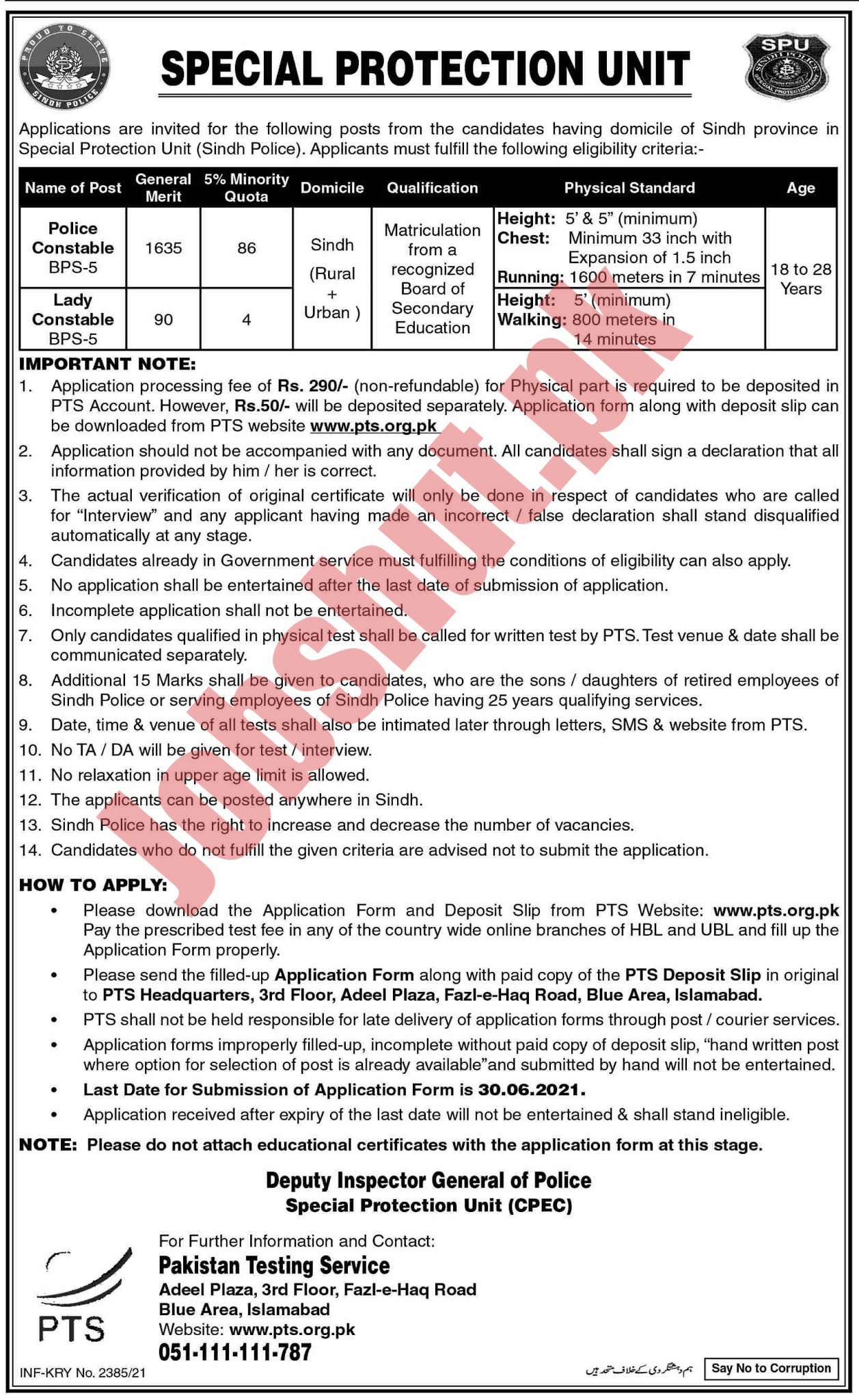 Sindh Police Special Protection Unit Spu Constable Jobs Via Pts 2021