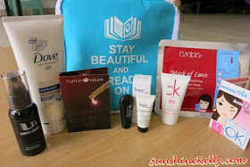 Stay Beautiful & Read On Bag of Love, Bag of Love, CK One Red, Uberman Hydrating MIst, Hove Hair Intense Repair, Miacare Acne Patch, Covo HD BB Cream, Human Nature, Overnight Elixir, Mask of Love, Unico, Philosophy, Hope in a jar, Nuxe nirvanesque, beauty bag