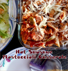 Hot Sausage Mostaccioli Casserole is comfort food, Italian style, with a bit of a kick Pasta, sausage and vegetables are baked in a creamy marinara sauce and topped with melted cheese. | Recipe developed by www.BakingInATornado.com | #recipe #dinner