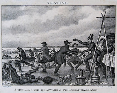 19th century illustration of ice skating on the River Delaware