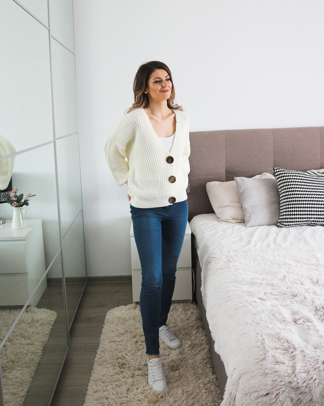 statement buttons cardigan outfit