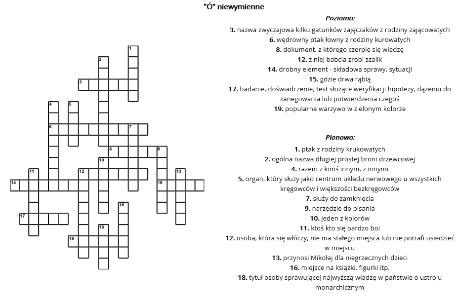Krzyżówka ortograficzna "ó" niewymienne