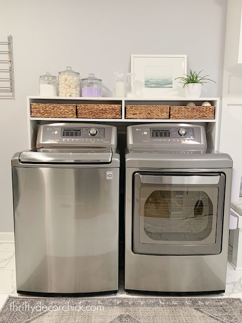 Long DIY shelf over top loader washer dryer