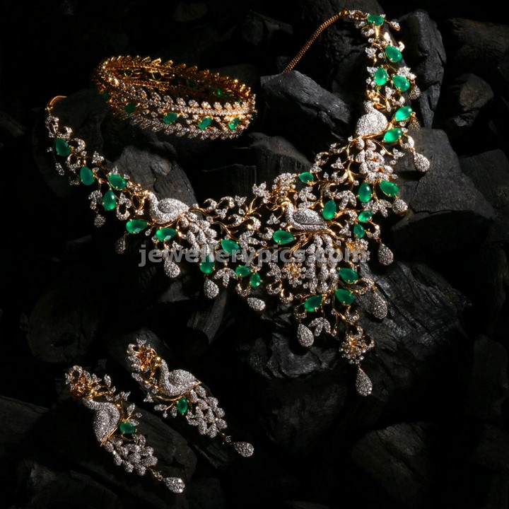 jewellery design pictures Bhima diamond mayura set with emaralds and cz