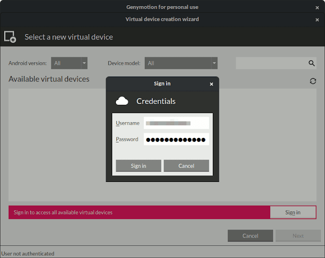 Jendela Genymotion yang meminta user untuk login terlebih dahulu sebelum mengunduh virtual device