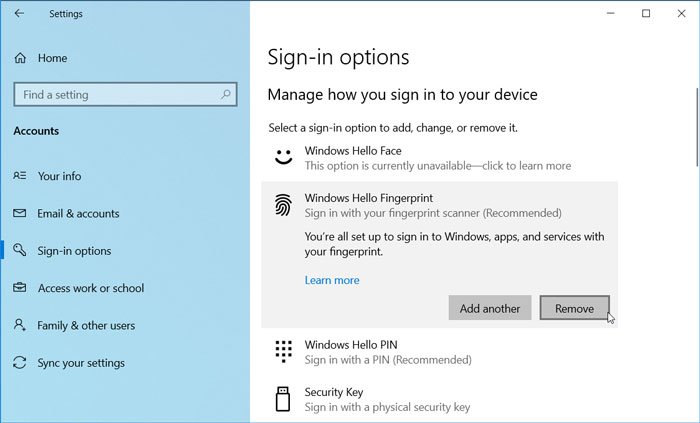 Comment supprimer Windows Hello Fingerprint dans Windows 10