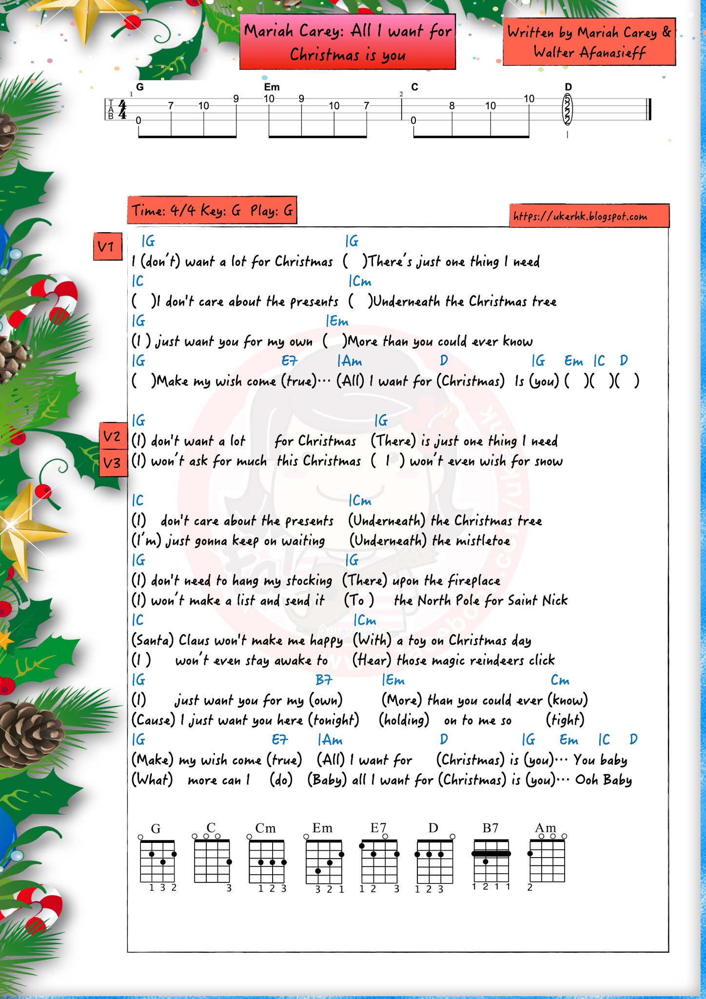 ukulelemania: #317 Mariah Carey: All I want for Christmas is you Ukulele Chord和弦譜
