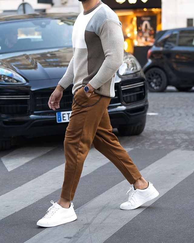 Men's Fashion Style Outfits Ideas Round neck sweat shirt and trousers.