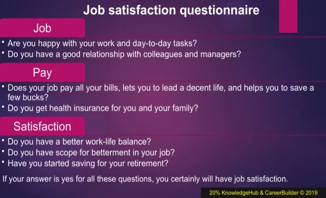 Questionnaire de satisfaction au travail De nombreux phénomènes sont impliqués dans le développement de données de mesure pour mesurer la satisfaction au travail. Si votre réponse est oui à toutes les questions posées, vous aurez sûrement une satisfaction professionnelle.