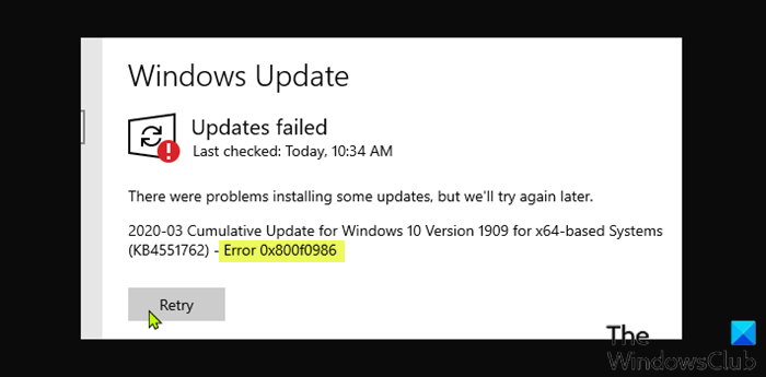 Ошибка обновления Windows 0x800f0986