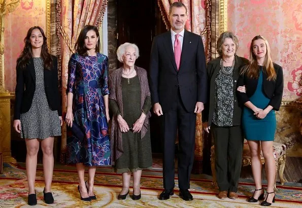 Queen Letizia wore a floral print midi dress by Carolina Herrera. Ida Vitale received 2018 Miguel de Cervantes Award, which is called the Nobel Prize