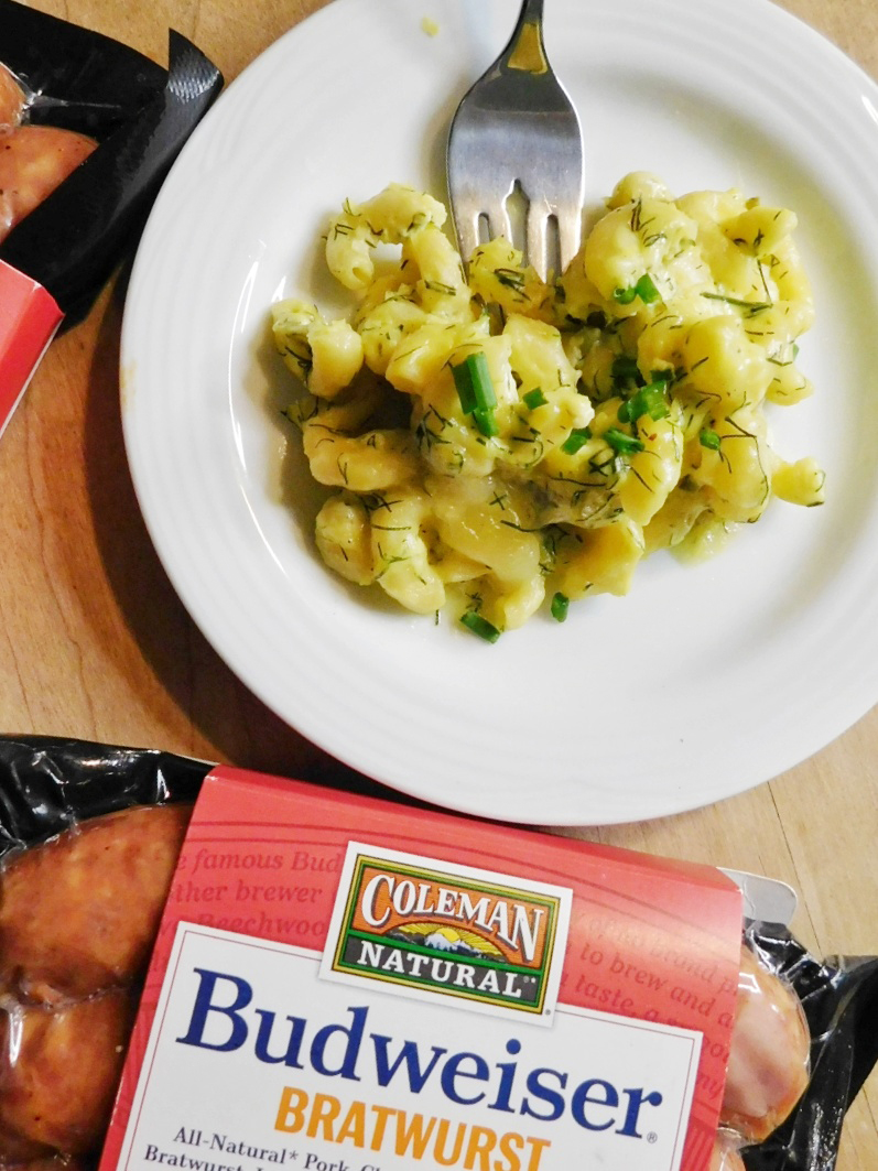 Dill Pickle Macaroni and Cheese with Coleman Natural Budweiser Bratwurst Nik Snacks Nik Snacks