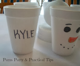 party cups with snowman faces for snowman party 