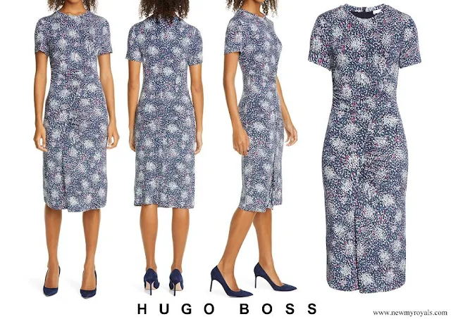 Queen Letizia wore Hugo Boss Enice ruched printed jersey dress