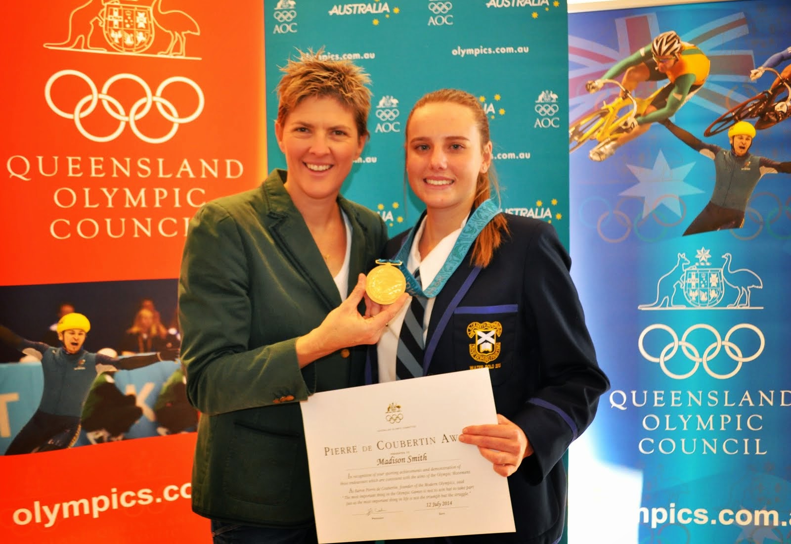 Madi Smith with Olympian Natalie Cook after receiving her Pierre De Coubertin Award